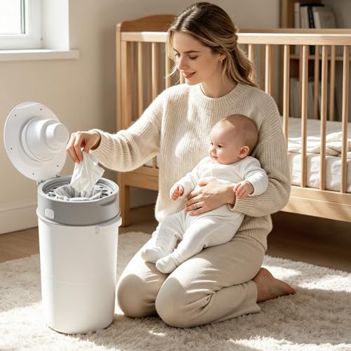 13L Odor Lock Diaper Pail, Baby Diaper Bin with Double Odor Lock & 177 in Refill Bag Roll & Sealed Lid, Compact Nursery Trash Can Portable Diaper Disposal Pail for Baby Room Home Travel (Grey)