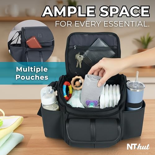 NT·hut Baby Stroller Organizer, Stroller Caddy , 2 Wide Cup Holders & Stability Bottle Straps, Adjustable Shoulder Strap, Fits 11" Tablet, Magnetic Pocket, YKK Zippers & Mesh Pockets, Waterproof