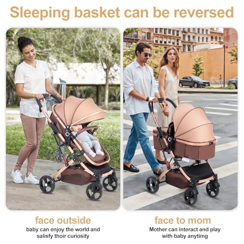 2 in 1 Baby Stroller Newborn Foldable Pushchair with Adjustable Canopy Folding High Landscape Infant Carriage, Anti-Shock Toddler Pushchair