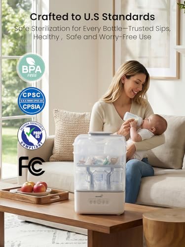 Grownsy 3 Layers-Large Bottle Sterilizer and Dryer, Holds 6 to10 Bottles, Nesting Design Bottle Sanitizer Esterilizador de Biberones for Breast Pump Sterilizer Bags Bottle Brush Included