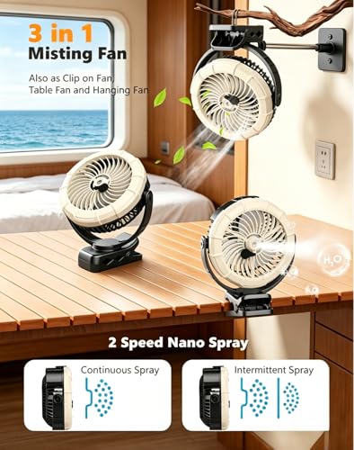 Ausic Portable Clip on Misting Fan, [5-45Hrs] Golf Cart Spray Fan, 720° Rotate Baby Stroller Fan, Outdoor Camping Fan with LED, Rechargeable Battery Operated RV Travel Cruise Fan, Golf Accessories