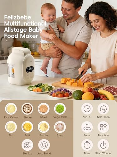 Felizbebe Glass Baby Food Maker Steamer and Blender,One Step Auto Baby Food Processor Puree Maker Grinder Mills,Glass Bowl with 316 Stainless Steel Blades,Auto Cooking,Self Clean,Timer,BPA-Free