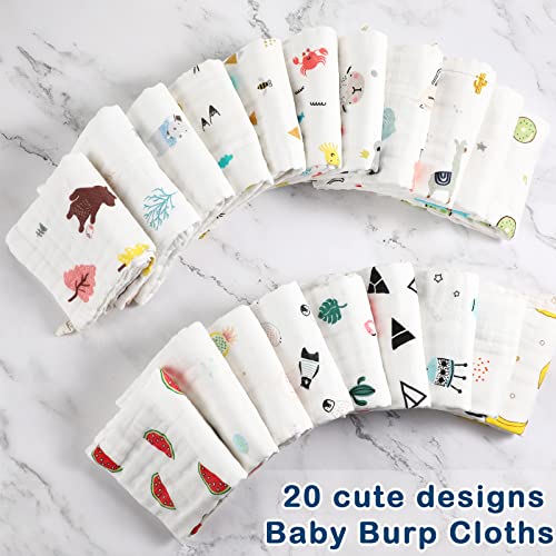 Chumia 20 Pack Muslin Baby Burp Cloths Large 20 x 10 Inches Cotton Baby Burp Rags Towel and Washcloths Face Towels 6 Layers Super Absorbent for Infant Shower,20 Styles