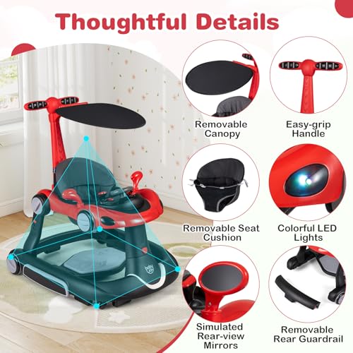 BABY JOY 7-in-1 Baby Walker, Foldable Baby Walker and Bouncer Combo with Handle, Adjustable Height & Speed, Music, Lights, Rocker/Push Mode, Baby Walker with Wheels for Boys Girls 7-18 Months (Red)