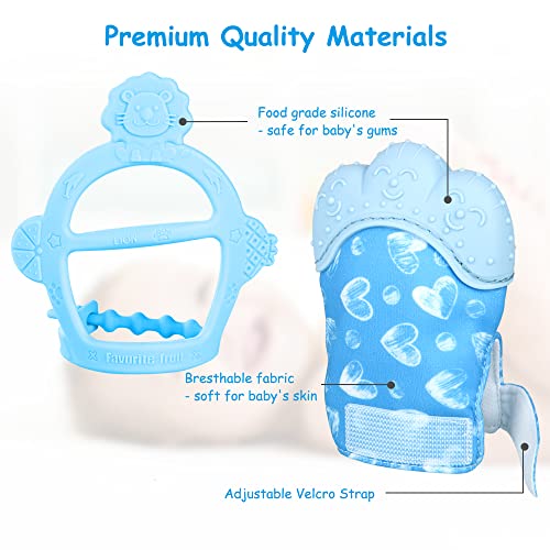 Vicloon Silicone Teething Mitt, 2Pcs Baby Teething Mitten with Adjustable Strap, Crinkle Sound and Textured, Self Soothing Baby Chew Toys for 0-6 Month Infants