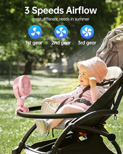 Coohea Stroller Fan Rechargeable Battery Powered Portable Fans, Head Detachable 360° Rotatable Clip on Fan, 3 Speed Quiet Small Mini Fans with Light Night for Carseat, Bed, Crib, Bike, Travel, Pink