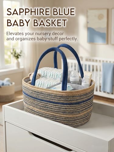 ZOES HOMEWARE Sapphire Blue Diaper Caddy Organizer, Jute Woven Baby Basket, Baby Caddy Nursery Storage Organizer, Shower Gifts for Newborn, Hand Woven Crafted (Brown&Blue),14.2"x 8.7"x7.1”