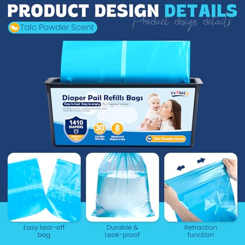 Diaper Pail Refill Bags 30 Bags Per Refill，Compatible with Genie Easy Roll Signature Diaper Pails Holds Up to 2820 Newborn Diapers Talc Powder Scent 7 Layer Odor Barrier,Scented,2PACK (60 Bags)