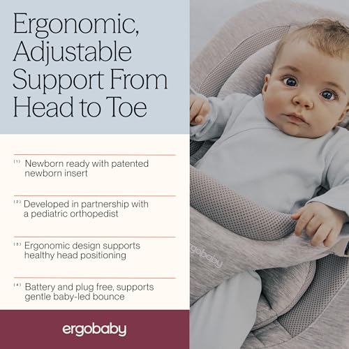 Ergobaby Evolve 3-in-1 Bouncer Seat for Babies and Toddlers 5.5-25lbs - Multi Position Baby Rocker Seat with Adjustable Heights, Secure Harness, Newborn Insert - Light Grey