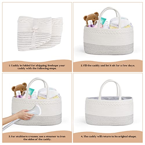luxury little Diaper Caddy Organizer, Large Cotton Rope Nursery Baby Basket, Changing Table Organizer for Baby Diaper Storage, Portable Car Organizer Removable Divider (Off White, Extra Large)