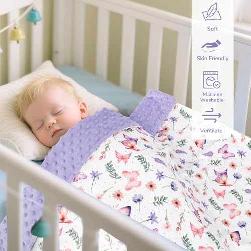Pea Pod Baby Girls Blanket Soft Butterfly Minky Blanket for Newborn, 30'' x 40'' Double Layer Design, Dotted Backing Warm Baby Quilt Crib Blanket for Nursery/Stroller/Toddler Bed/Baby Car Seat