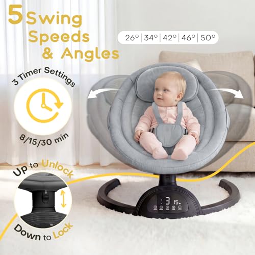 Baby Swings for Infants, Portable Baby Swing for Indoor and Outdoor, Bluetooth Baby Swing with Music Speaker, 5 Point Harness Belt, 5 Speeds and Timing
