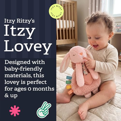 Itzy Ritzy - Itzy Lovey Including Teether - Baby Lovey with Teether, Textured Ribbons & Dangle Arms - Features Crinkle Sound, Sherpa Fabric and Minky Plush (Pink Bunny)