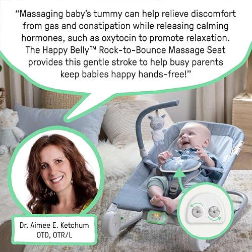 Ingenuity Gas Relief and Anti-Colic Baby Bouncer Seat and Rocker, Gentle Belly Massage to Relax and Soothe Bellies, Instant Tummy Soother, 20 Songs and Melodies – Parker