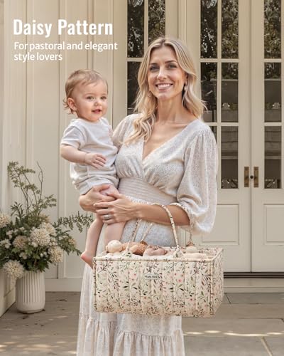Blissful Diary Floral Diaper Caddy Organizer, Stylish Nursery Storage Basket, Diaper Bag,Gift for Baby Shower, Baby Registry Must Have, Newborn Essentials, Pastoral Daisy