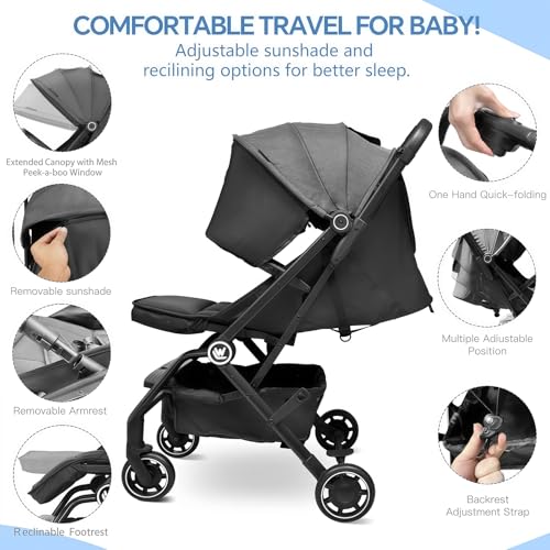 Rollingsurfer Lightweight Baby Stroller for Airplane, Compact Travel Pushchair with Retractable Foot Cover & Reclining Backrest, One Hand Fold Stroller for Toddlers 0-36 Months