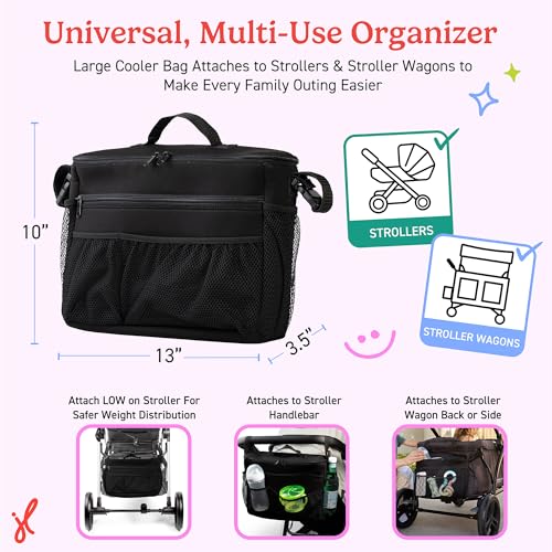 J.L. Childress Cool 'N Cargo Stroller & Wagon Cooler - Insulated Stroller Organizer Bag with Cup & Bottle Holder, Travel Accessory for Parents, Universal Fit, Large Capacity Storage Attachment - Black