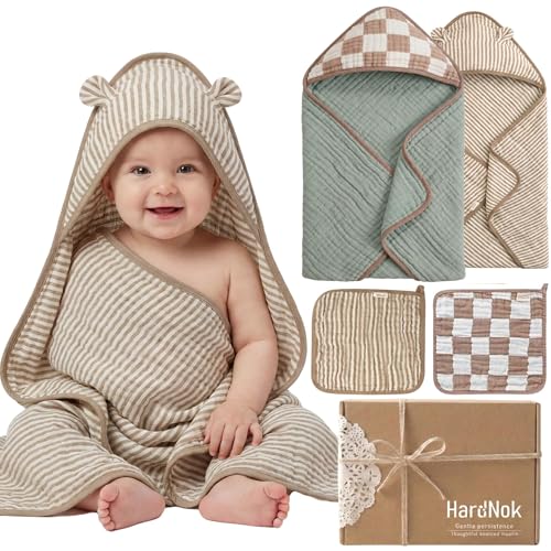 HardNok 4-Piece Muslin Baby Towel Set - Made with Organic Cotton, (2) 6-Layer 32x32 Towels & (2) Washcloths, Bath, Beach & Pool Gift Set (Neutral Sage Mix)