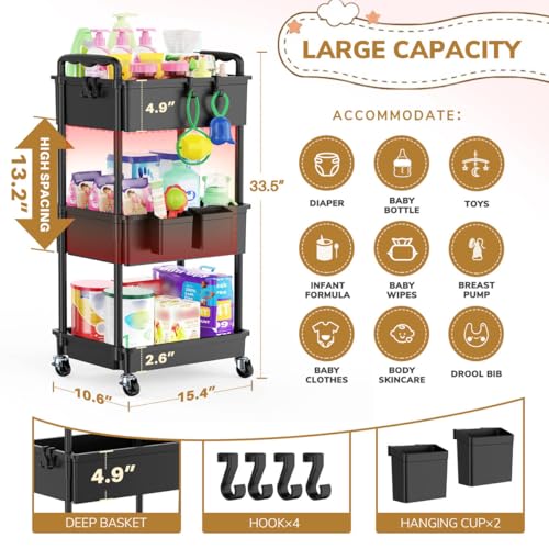 Goovilla Diaper Cart with Lockable Wheels and Easy Assembly, 3 Tier Black Rolling Cart for Baby Nursery Storage, Sturdy Ample Diaper Caddy Organizer for Baby Girl, Boy, New Mom, Newborn Essentials