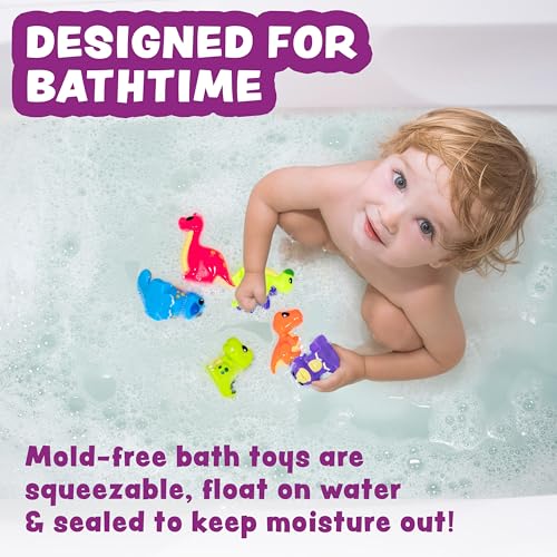 Tub Works® Dinosaur Mold Free Bath Toys, 6 Pack | Sealed, No Hole Bath Toys Design Keeps Moisture Out | Soft, Squeezable & Float on Water | Easy-Grip Baby & Toddler Bath Toy Set | Great Baby Pool Toys