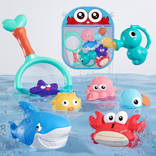 Mold Free Bath Toys for Toddlers 1-3, No Hole Ocean Animal Bathtub and Pool Toys with Mesh Organizer, Sensory Water Toys for Babies 6-12 Months, 9 Pack