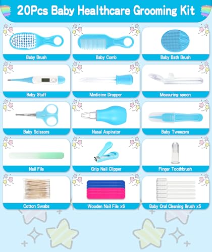Baby Grooming and Healthcare Kit, Portable Baby Safety Care Set with Hair Brush Comb Nail Clipper Nasal Aspirator for Nursery Newborn Infant Girl Boy (25 in 1 Blue)