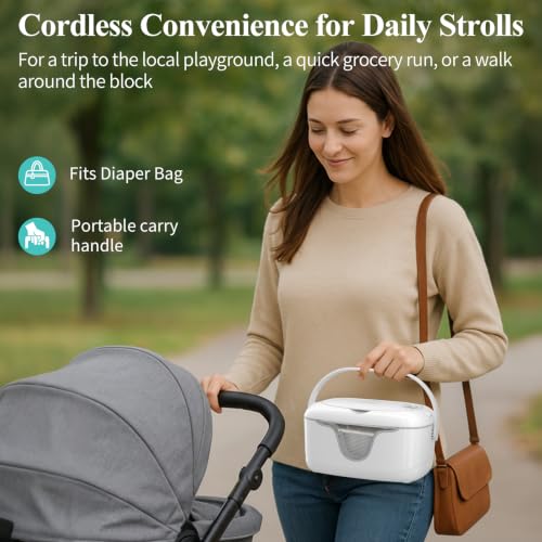 IGERI Portable Baby Wipe Warmer - Cordless Rechargeable Wet Wipes Dispenser for Travel Battery Operated with Nightlight Temperature Control for On the Go