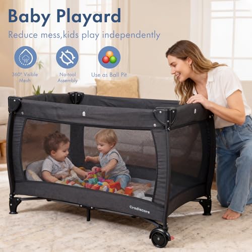 Cradlecare 5 in 1 Pack and Play with Bassinet & Changing Table, Portable Foldable Playpen for Babies and Toddlers with Locking Wheels & Diaper Storage, Easy Fold Travel Playard (Black)