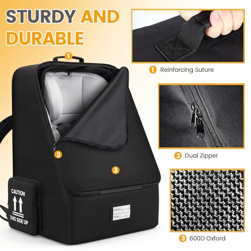 Orzbow Padded Car Seat Travel Bag for Airplane, Carseat Backpack Bags with Side Pocket, Car Seat Carrier with Shoulder & Waist Strap for Airport Gate Check, Universal Fit Carseat & Booster Seat, Black