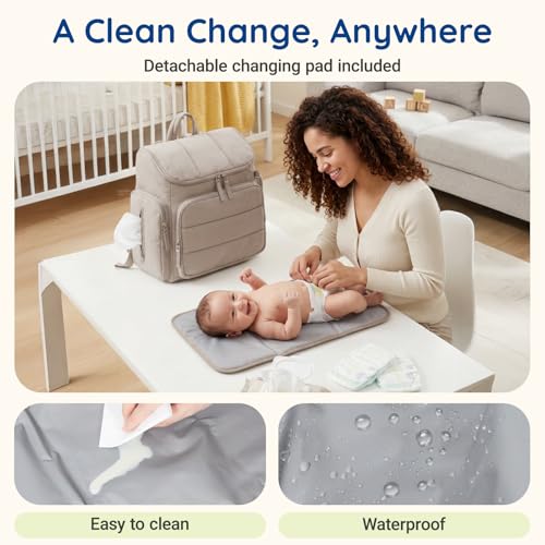 mommore Diaper Bag Backpack, Baby Bag with Waterproof Changing Pad and Stroller Straps for Toddler, Diaper Backpack for Mom Dads with Insulated Pockets & Pacifier Case, Baby Essential, Brown