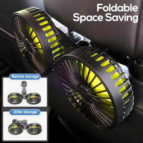 Dealswin Car Fan for Backseat kids, Dual Head USB Car Seat Fans, 360° Rotatable Strong Wind Rear Headrest CarFan for Baby, Air Circulation Fan with Adjustable Clip for Vehicles SUV RV