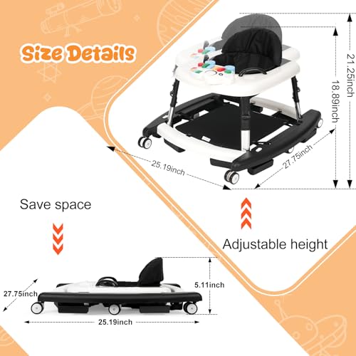 Tickeagle 5-in-1 Baby Walker for Boys and Girls Music and Lights 6-18 Month, Foldable Baby Walkers with 5 Adjustable Heights, Infant Toddler Walker with Wheels and Combo Portable(Black)