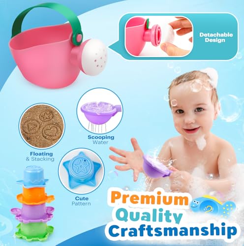 Baby Bath Toys for Kids Ages 1-3 9PCS Toddler Bath Toys Mold Free for 2-4 with Watering Can & Stacking Cups Colorful Bathtub Pool Water Toys for 1+ Year Old Girls Boys Gifts