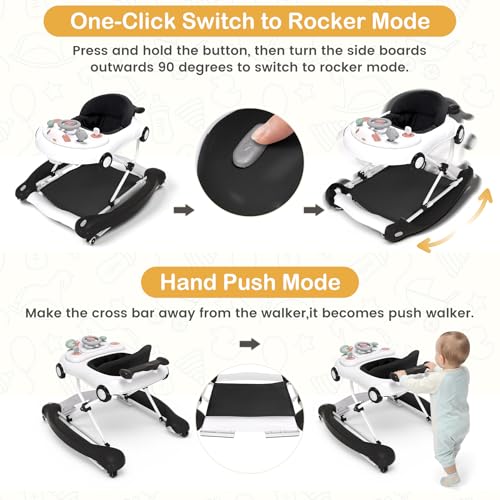Baby Walker, 5-in-1 Baby Walker for Boys and Girls with Bouncer, Removable Footrest, Music, Foldable & Adjustable Speed Wheels Activity Walker for 6-18 Months Toddler Infant(Black)