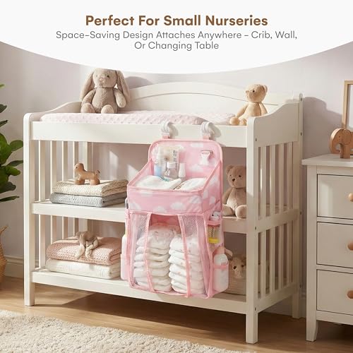 CHILDLIKE BEHAVIOR Diaper Organizer for Changing Table - Hanging Diaper Caddy - Munchkin Diaper Change Organizer - Changing Table Hanging Caddy & Storage - Nursery Diaper Caddy Holder with Shelf