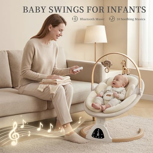Baby Swings for Infants, TinyGlow Baby Swing, Electric Baby Swing with Remote Control, Portable Infant Swing for Indoor & Outdoor Use (Beige)