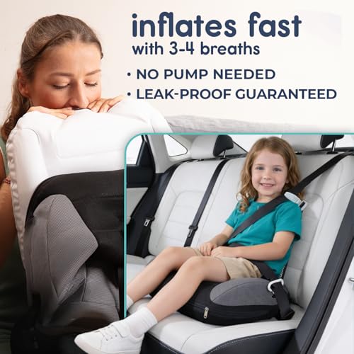 Hiccapop UberBoost Inflatable Booster Car Seat | Blow up Narrow Backless Booster Car Seat for Travel | Portable Booster Seat for Toddlers, Kids, Child | Black/Gray