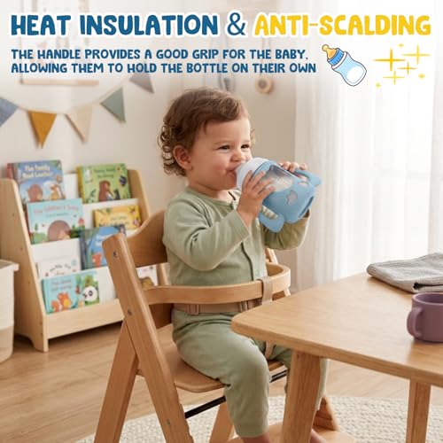 Mamalovey 3 Pack Silicone Baby Bottle Handles & Holders for Pigeon Bottles 5.4oz, Food Grade Anti-Breakage Silicone Sleeve for Glass Bottle - Great Upgrade for Your Baby Bottle Sets (White+Green+Blue)