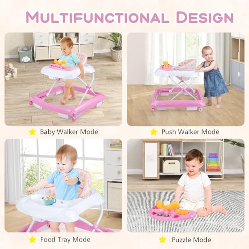 BABY JOY Baby Walker, 4 in 1 Foldable Activity Walker with Adjustable Height, Music, Lights, Anti-Rollover Toddler Push Walker, Baby Walker with Wheels for Boys Girls 7-14 Months (Pink)