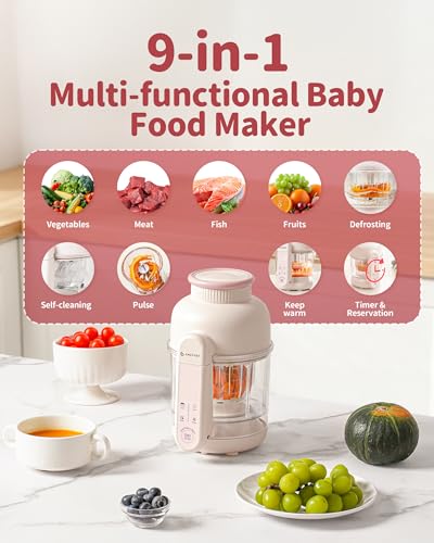 AMZCHEF Baby Food Maker with Auto Steam & Blend, 9-in-1 Baby Puree Maker with Food-grade glass, BPA-Free & Easy Cleaning, Touch Screen, Dishwasher Safe, Off-white