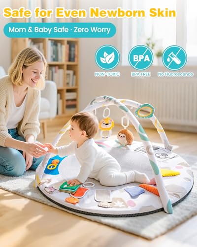 Montessori Baby Play Gym & Activity Mat for Brain Development (0-12Mo) | 5-Sensory Zones + 5 Toys |Portability Tummy Time Activity Mat Stage-Based for Newborn Brain Development Essential & Gift-Ready