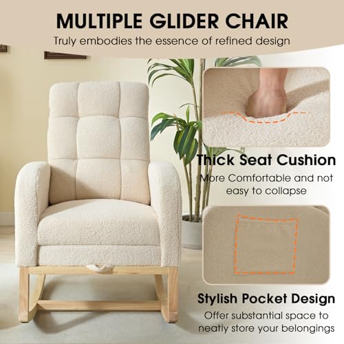 NIOIIKIT Modern Nursery Rocking Chair, Teddy Upholstered Rocking Chair with Footrest, Comfortable Rocker Recliner with Side Pocket, Rocker Glider for Living Room, Bedroom, Nursing Room (Beige)