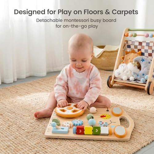 GROWNSY Wooden Baby Walker with Wheels, 3-in-1 Sit-to-Stand Baby Walker with Adjustable Speed, Montessori Push Walker with 7-in-1 Removable Activity Panel, First Birthday Gifts for Boys & Girls