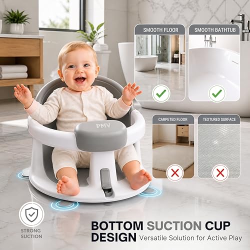 PMV Baby Bath Seat for Sitting Babies, Non-Slip Baby Bath Chair with 3 Suction Cups, Safe & Comfortable Toddler Bath Support Seat for Bath/Shower Use, Stable Design, Gray (6–24 Months) (Gray)