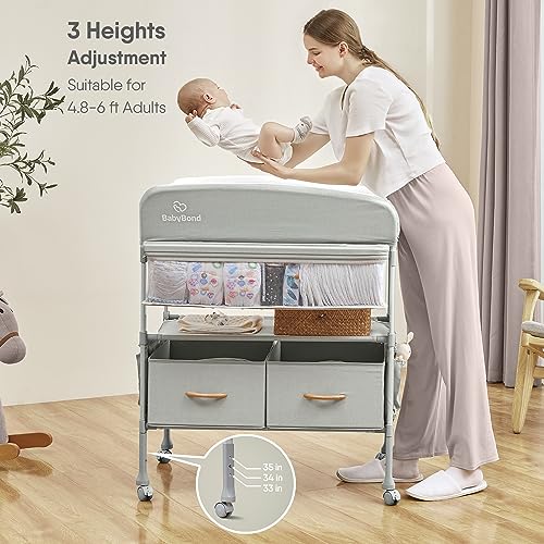 BabyBond Portable Baby Changing Table with 2 Storage Baskets, Foldable Changing Table Dresser Diaper Changing Table Height Adjustable Changing Station for Infant and Newborn(Beige)