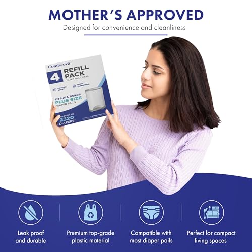 COMFICOVE Refills Compatible with DEKOR PLUS Diaper Pails | 4 Pack | Extra Thick Diaper Pail Refill Liners | Fresh Scent | Easy to Replace and Dispose of Diaper Bag | Odorless Baby Diapers Disposal