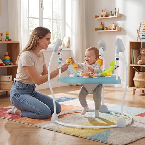 BABY JOY Baby Activity Center, Baby Jumpers and Bouncers with Music, 360° Rotating Seat, 3 Adjustable Heights, Montessori-Inspired Activity Center for Baby 7-15 Months (Baby Blue)
