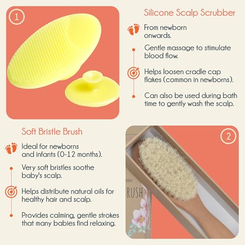Little Tinkers World Baby Hair Brush and Comb Set 4-Piece Natural Wooden Set with Soft Goat Bristle Brush, Cradle Cap Brush & Comb Newborn Baby Registry Gift for Boys and Girls