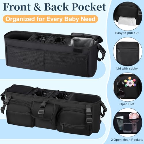 GDNasist Double Stroller Organizer Compatible with Bob Duallie and Baby Jogger City Mini GT2, Double Baby Stroller Accessories with Cooler Bag, Parent Console Double Jogging Stroller Caddy, Black