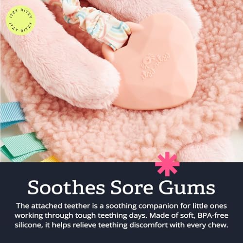 Itzy Ritzy - Itzy Lovey Including Teether - Baby Lovey with Teether, Textured Ribbons & Dangle Arms - Features Crinkle Sound, Sherpa Fabric and Minky Plush (Pink Bunny)